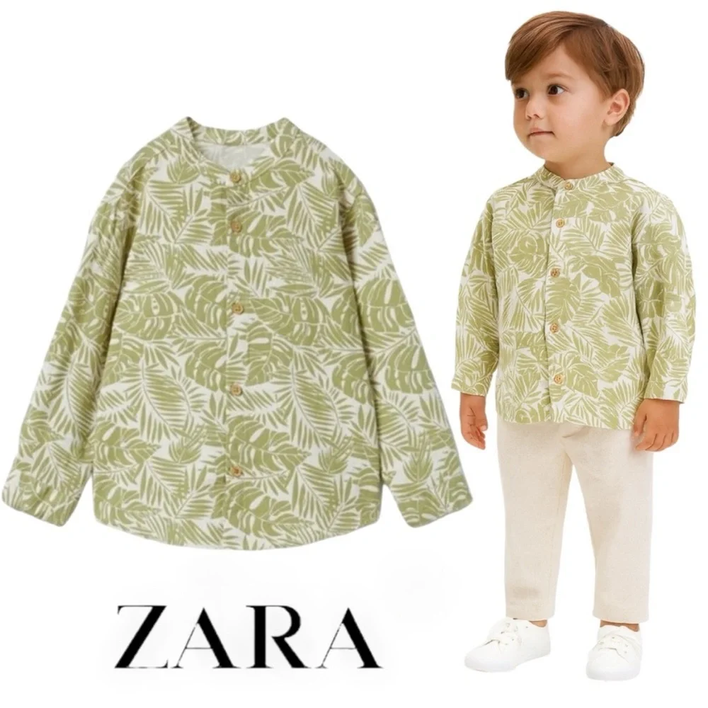 ZARA Kids, Ecru/Khaki, PALMS PRINTED SHIRT